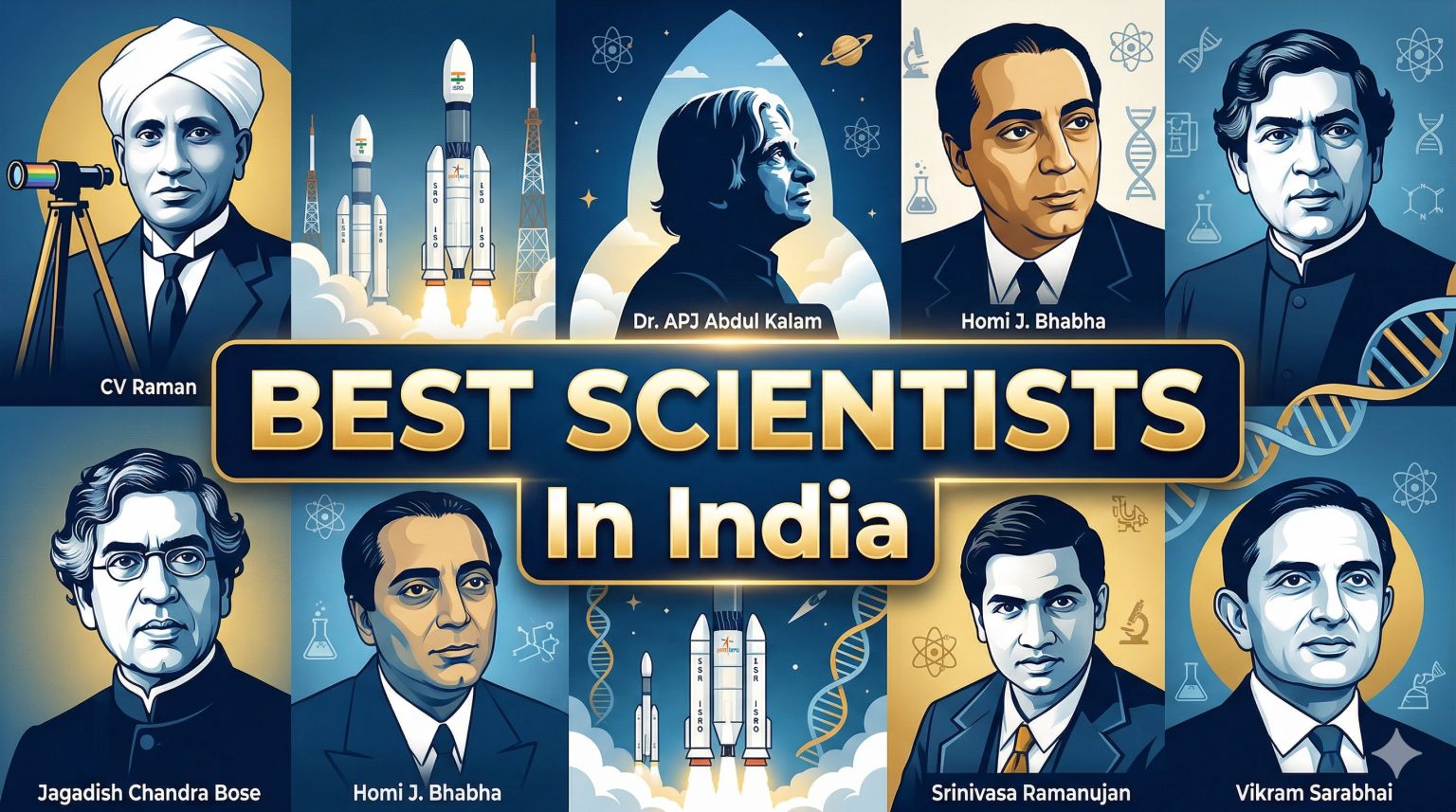 Famous Indian scientists illustrated together.