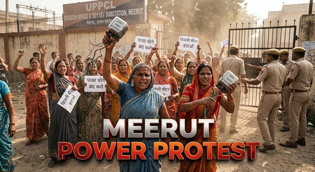 Meerut Electricity Protest women throwing meters at substation
